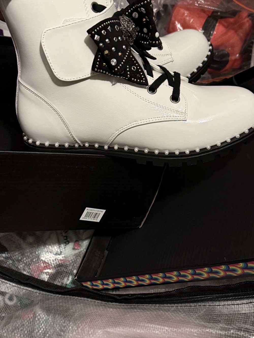 Kurt Geiger White Combat Boots with Black Studded Bow